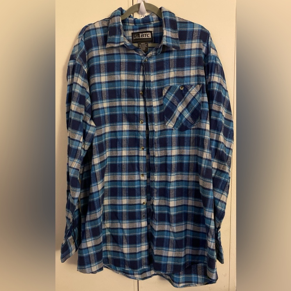 BTC Men’s 2XLT Blue Plaid Flannel Shirt Long Sleeve Button Down Cotton Outdoor